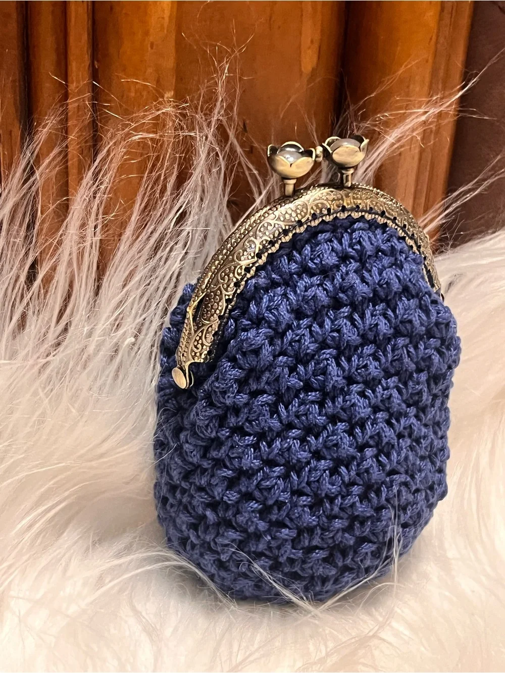 Handmade Navy Crochet Kiss-Lock Coin Purse